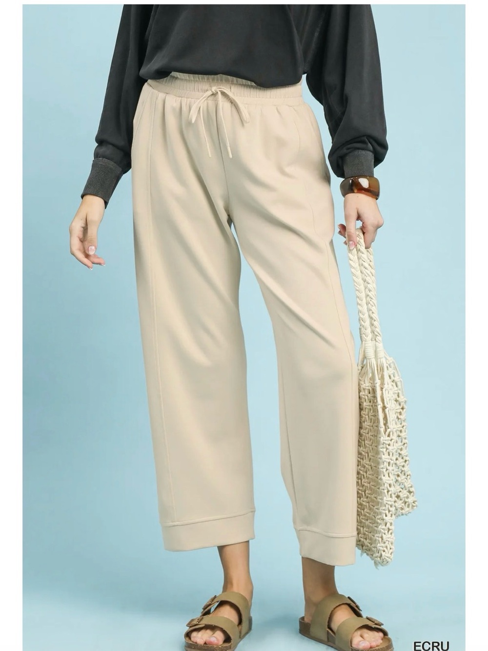 Umgee Ecru Cropped Wide-Leg Drawstring Pants
